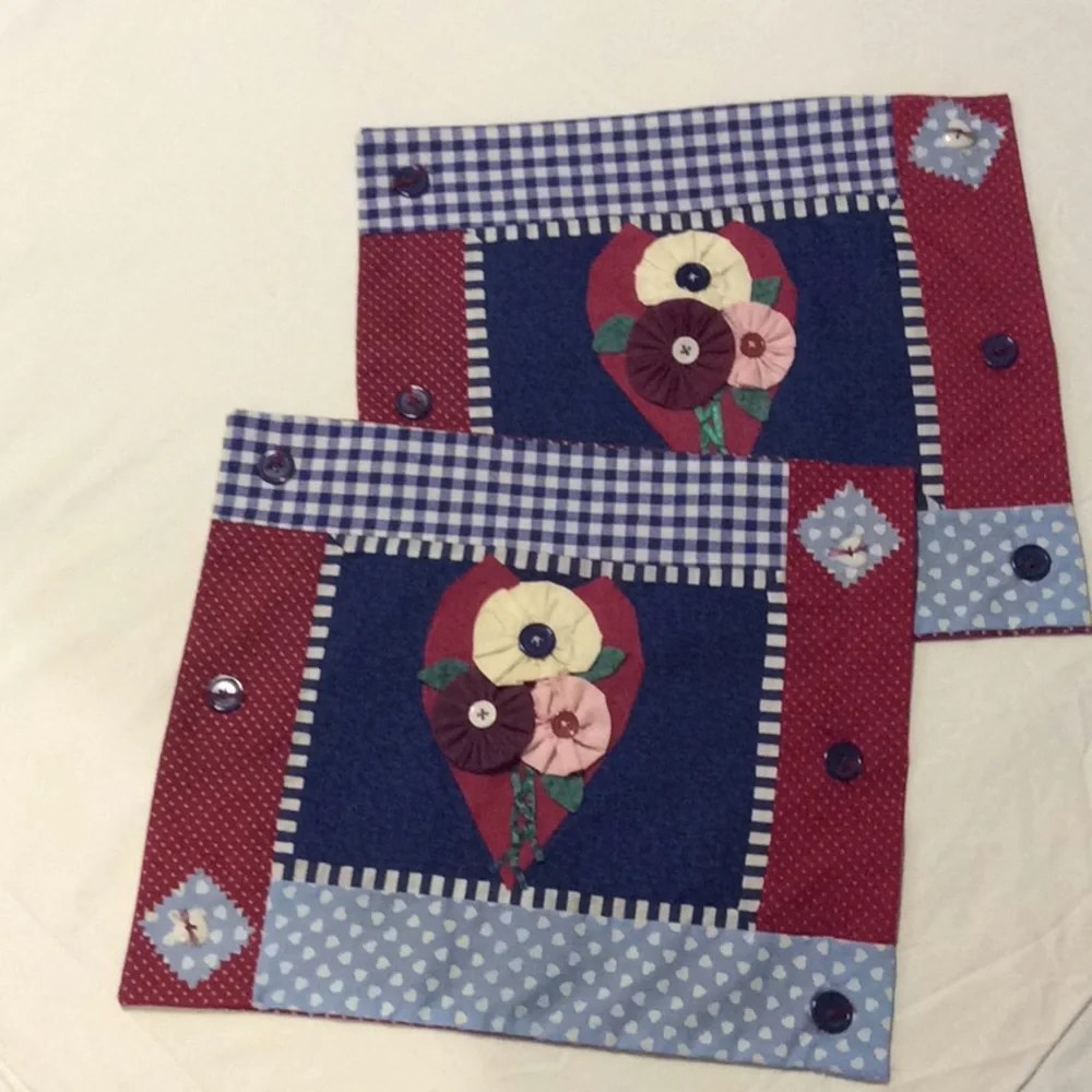 Pillow Cases Covers Set of 2 Patchwork with Buttons Flowers Hearts